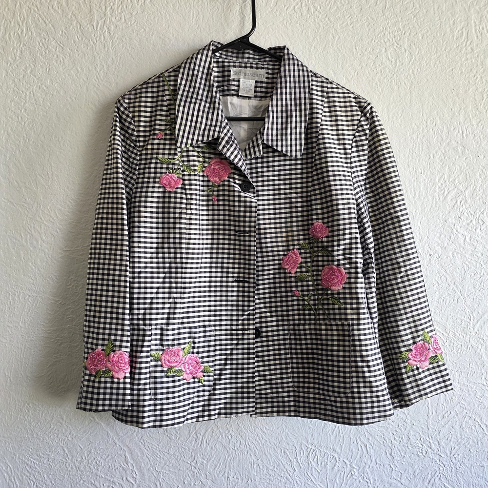 dressbarn Black & White Gingham Blazer with Pink Rose Embroidery